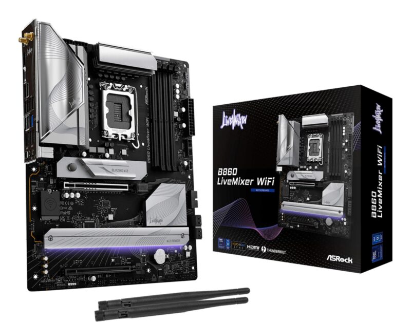 Mainboard|ASROCK|Intel B860 Express|LGA1851|ATX|Memory DDR5|Memory slots 4|1xPCI-Express 4.0 16x|1xPCI-Express 5.0 16x|1xM.2|1xHDMI|1xAudio-Out|1xMicrophone|6xUSB 2.0|6xUSB 3.2|1xUSB-C w/Thunderbolt|1xOptical S/PDIF|1xRJ45|B860LIVEMIXERWIFI