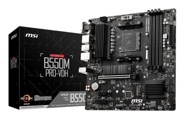 Mainboard|MSI|AMD B550|SAM4|MicroATX|Memory DDR4|Memory slots 4|2xPCI-Express 3.0 1x|1xPCI-Express 4.0 16x|2xM.2|1x15pin D-sub|1xHDMI|1xDisplayPort|2xAudio-In|1xAudio-Out|2xUSB 2.0|4xUSB 3.2|1xPS/2|1xRJ45|B550MPRO-VDH