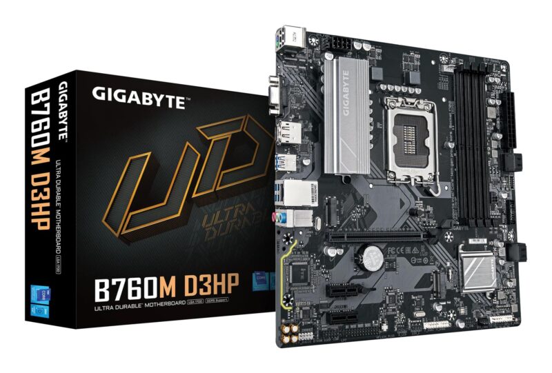 Mainboard|GIGABYTE|Intel B760 Express|LGA1700|Micro-ATX|Memory DDR5|Memory slots 4|2xPCI-Express 3.0 1x|1xPCI-Express 4.0 16x|2xM.2|1x15pin D-sub|1xHDMI|1xDisplayPort|2xUSB 2.0|5xUSB 3.2|1xUSB-C|1xPS/2|1xRJ45|3xAudio port|B760MD3HP1.0 Mainboard|GIGABYTE|Intel B760 Express|LGA1700|Micro-ATX|Memory DDR5|Memory slots 4|2xPCI-Express 3.0 1x|1xPCI-Express 4.0 16x|2xM.2|1x15pin D-sub|1xHDMI|1xDisplayPort|2xUSB 2.0|5xUSB 3.2|1xUSB-C|1xPS/2|1xRJ45|3xAudio port|B760MD3HP1.0