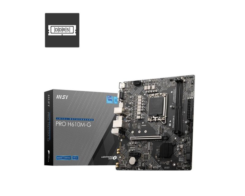 Mainboard|MSI|PRO H610M-G|Intel H610|LGA 1700|micro ATX|RAM DDR5-SDRAM|2xSlots|1xPCI Express x1 slots|1xPCI Express x16 slots|1xNumber of M.2 (M) slots|PROH610M-G Mainboard|MSI|PRO H610M-G|Intel H610|LGA 1700|micro ATX|RAM DDR5-SDRAM|2xSlots|1xPCI Express x1 slots|1xPCI Express x16 slots|1xNumber of M.2 (M) slots|PROH610M-G