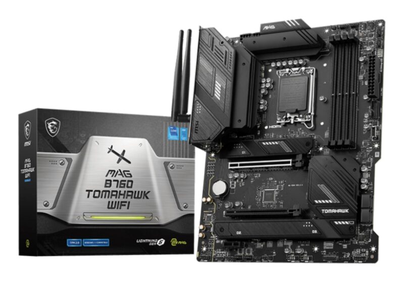 Mainboard|MSI|Intel B760 Express|LGA1700|ATX|Memory DDR5|Memory slots 4|1xPCI-Express 1x|2xPCI-Express 16x|3xM.2|1xHDMI|1xDisplayPort|4xUSB 2.0|4xUSB 3.2|1xUSB-C|1xOptical S/PDIF|1xRJ45|5xAudio port|MAGB760TOMAHAWKWIFI Mainboard|MSI|Intel B760 Express|LGA1700|ATX|Memory DDR5|Memory slots 4|1xPCI-Express 1x|2xPCI-Express 16x|3xM.2|1xHDMI|1xDisplayPort|4xUSB 2.0|4xUSB 3.2|1xUSB-C|1xOptical S/PDIF|1xRJ45|5xAudio port|MAGB760TOMAHAWKWIFI