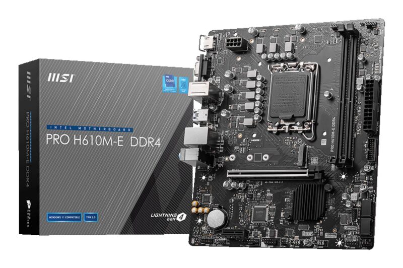 Mainboard|MSI|Intel H610|LGA1700|MicroATX|Memory DDR4|Memory slots 2|1xPCI-Express 1x|1xPCI-Express 16x|1xM.2|1x15pin D-sub|1xHDMI|4xUSB 2.0|2xUSB 3.2|1xPS/2|1xRJ45|3xAudio port|PROH610M-EDDR4 Mainboard|MSI|Intel H610|LGA1700|MicroATX|Memory DDR4|Memory slots 2|1xPCI-Express 1x|1xPCI-Express 16x|1xM.2|1x15pin D-sub|1xHDMI|4xUSB 2.0|2xUSB 3.2|1xPS/2|1xRJ45|3xAudio port|PROH610M-EDDR4