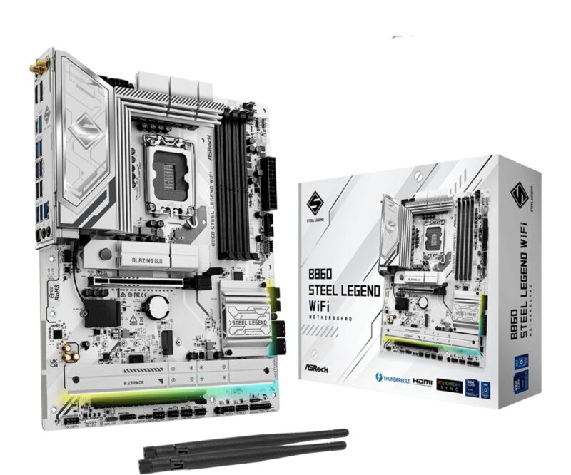 Mainboard|ASROCK|Intel B860 Express|LGA1851|ATX|Memory DDR5|Memory slots 4|1xPCI-Express 4.0 16x|1xPCI-Express 5.0 16x|1xM.2|1xHDMI|1xDisplayPort|1xAudio-Out|1xMicrophone|3xUSB 2.0|6xUSB 3.2|1xUSB-C w/Thunderbolt|1xOptical S/PDIF|1xRJ45|B860STEELLEGENDWIFI Mainboard|ASROCK|Intel B860 Express|LGA1851|ATX|Memory DDR5|Memory slots 4|1xPCI-Express 4.0 16x|1xPCI-Express 5.0 16x|1xM.2|1xHDMI|1xDisplayPort|1xAudio-Out|1xMicrophone|3xUSB 2.0|6xUSB 3.2|1xUSB-C w/Thunderbolt|1xOptical S/PDIF|1xRJ45|B860STEELLEGENDWIFI