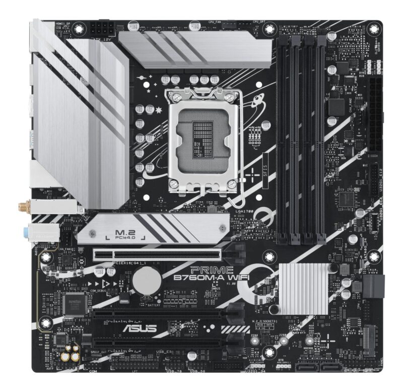 Mainboard|ASUS|Intel B760 Express|LGA1700|Micro-ATX|Memory DDR5|Memory slots 4|3xPCI-Express 4.0 16x|2xM.2|2xHDMI|1xDisplayPort|4xUSB 2.0|2xUSB 3.2|1xPS/2|1xRJ45|3xAudio port|PRIMEB760M-AWIFI Mainboard|ASUS|Intel B760 Express|LGA1700|Micro-ATX|Memory DDR5|Memory slots 4|3xPCI-Express 4.0 16x|2xM.2|2xHDMI|1xDisplayPort|4xUSB 2.0|2xUSB 3.2|1xPS/2|1xRJ45|3xAudio port|PRIMEB760M-AWIFI