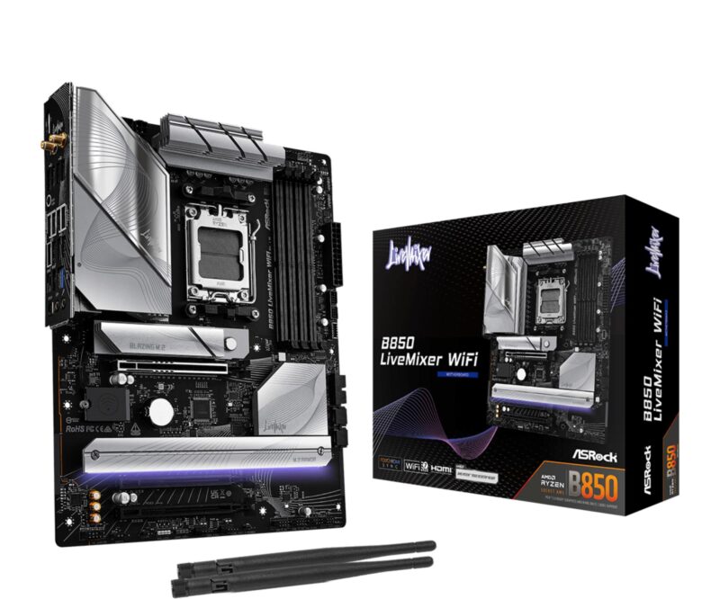 Mainboard|ASROCK|AMD B850|SAM5|ATX|Memory DDR5|Memory slots 4|2xPCI-Express 4.0 16x|1xPCI-Express 5.0 16x|1xM.2|1xHDMI|1xDisplayPort|1xAudio-In|1xAudio-Out|2xUSB 2.0|1xUSB-C|1xOptical S/PDIF|1xRJ45|B850LIVEMIXERWIFI Mainboard|ASROCK|AMD B850|SAM5|ATX|Memory DDR5|Memory slots 4|2xPCI-Express 4.0 16x|1xPCI-Express 5.0 16x|1xM.2|1xHDMI|1xDisplayPort|1xAudio-In|1xAudio-Out|2xUSB 2.0|1xUSB-C|1xOptical S/PDIF|1xRJ45|B850LIVEMIXERWIFI