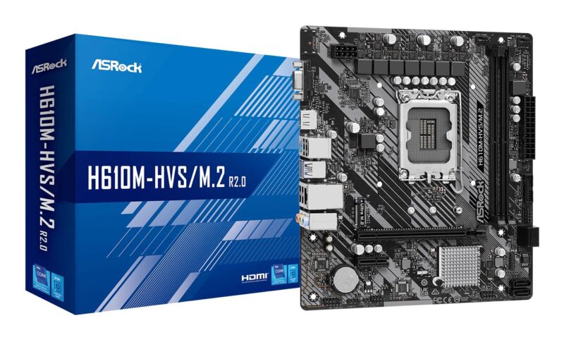 Mainboard|ASROCK|Intel H610|LGA1700|Micro-ATX|Memory DDR4|Memory slots 2|1xPCI-Express 3.0 1x|1xPCI-Express 4.0 16x|1xM.2|1x15pin D-sub|1xHDMI|1xAudio-In|1xAudio-Out|1xMicrophone|4xUSB 2.0|2xUSB 3.2|1xPS/2|1xRJ45|H610M-HVS/M.2R2.0 Mainboard|ASROCK|Intel H610|LGA1700|Micro-ATX|Memory DDR4|Memory slots 2|1xPCI-Express 3.0 1x|1xPCI-Express 4.0 16x|1xM.2|1x15pin D-sub|1xHDMI|1xAudio-In|1xAudio-Out|1xMicrophone|4xUSB 2.0|2xUSB 3.2|1xPS/2|1xRJ45|H610M-HVS/M.2R2.0