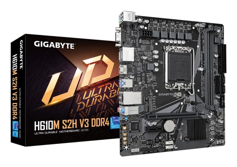 Mainboard|GIGABYTE|Intel H610|LGA1700|Micro-ATX|Memory DDR4|Memory slots 2|1xPCI-Express 3.0 1x|1xPCI-Express 4.0 16x|1xM.2|1x15pin D-sub|1xHDMI|2xDisplayPort|4xUSB 2.0|2xUSB 3.2|1xPS/2|1xRJ45|3xAudio port|H610MS2HV3DDR4 Mainboard|GIGABYTE|Intel H610|LGA1700|Micro-ATX|Memory DDR4|Memory slots 2|1xPCI-Express 3.0 1x|1xPCI-Express 4.0 16x|1xM.2|1x15pin D-sub|1xHDMI|2xDisplayPort|4xUSB 2.0|2xUSB 3.2|1xPS/2|1xRJ45|3xAudio port|H610MS2HV3DDR4