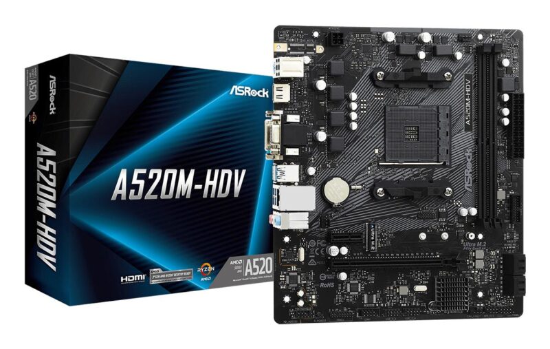 Mainboard|ASROCK|AMD A520|SAM4|Micro-ATX|Memory DDR4|Memory slots 2|1xPCI-Express 3.0 1x|1xPCI-Express 3.0 16x|1xM.2|1x15pin D-sub|1xDVI-D|1xHDMI|2xAudio-In|1xAudio-Out|2xUSB 2.0|4xUSB 3.2|1xPS/2|1xRJ45|A520M-HDV Mainboard|ASROCK|AMD A520|SAM4|Micro-ATX|Memory DDR4|Memory slots 2|1xPCI-Express 3.0 1x|1xPCI-Express 3.0 16x|1xM.2|1x15pin D-sub|1xDVI-D|1xHDMI|2xAudio-In|1xAudio-Out|2xUSB 2.0|4xUSB 3.2|1xPS/2|1xRJ45|A520M-HDV
