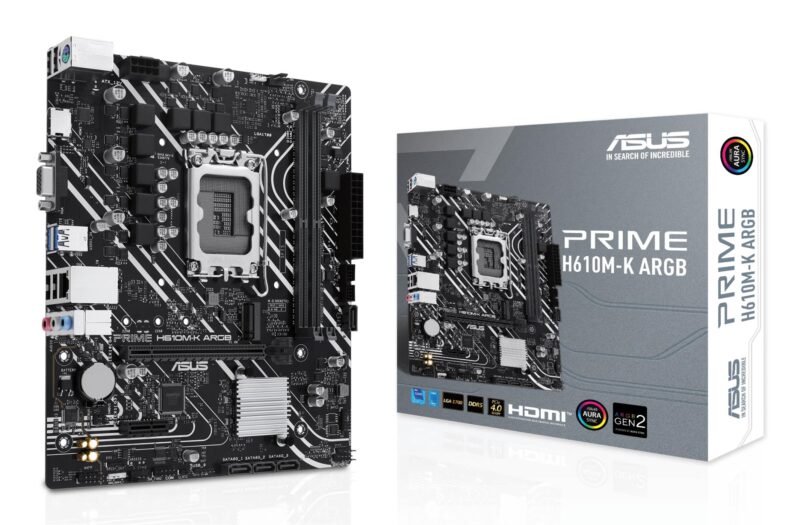 Mainboard|ASUS|Intel H610|LGA1700|Micro-ATX|Memory DDR5|Memory slots 2|1xPCI-Express 3.0 1x|1xPCI-Express 4.0 16x|1xM.2|1x15pin D-sub|1xHDMI|1xAudio-In|1xAudio-Out|1xMicrophone|4xUSB 2.0|2xUSB 3.2|1xPS/2|1xRJ45|PRIMEH610M-KARGB