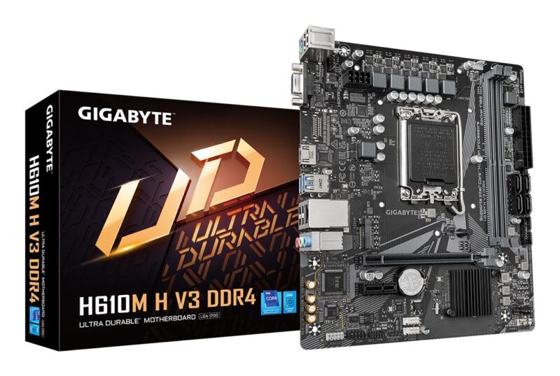 Mainboard|GIGABYTE|Intel H610|LGA1700|Micro-ATX|Memory DDR4|Memory slots 2|1xPCI-Express 3.0 1x|1xPCI-Express 4.0 16x|1xM.2|1x15pin D-sub|1xHDMI|4xUSB 2.0|2xUSB 3.2|1xPS/2|1xRJ45|3xAudio port|H610MHV3DDR4 Mainboard|GIGABYTE|Intel H610|LGA1700|Micro-ATX|Memory DDR4|Memory slots 2|1xPCI-Express 3.0 1x|1xPCI-Express 4.0 16x|1xM.2|1x15pin D-sub|1xHDMI|4xUSB 2.0|2xUSB 3.2|1xPS/2|1xRJ45|3xAudio port|H610MHV3DDR4