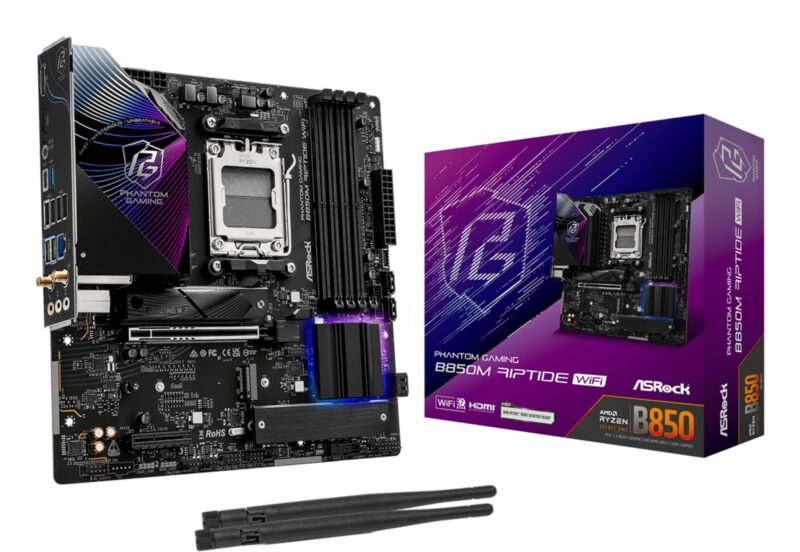 Mainboard|ASROCK|AMD B850|SAM5|Micro-ATX|Memory DDR5|Memory slots 4|1xHDMI|1xDisplayPort|1xAudio-In|1xAudio-Out|1xMicrophone|4xUSB 2.0|3xUSB 3.2|1xUSB-C|1xRJ45|B850MRIPTIDEWIFI Mainboard|ASROCK|AMD B850|SAM5|Micro-ATX|Memory DDR5|Memory slots 4|1xHDMI|1xDisplayPort|1xAudio-In|1xAudio-Out|1xMicrophone|4xUSB 2.0|3xUSB 3.2|1xUSB-C|1xRJ45|B850MRIPTIDEWIFI