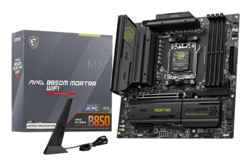 Mainboard|MSI|AMD B850|SAM5|Micro-ATX|Memory DDR5|Memory slots 4|1xPCI-Express 4.0 4x |1xPCI-Express 4.0 8x|1xPCI-Express 4.0 16x|1xPCI-Express 5.0 16x|3xM.2|1xHDMI|3xUSB 2.0|4xUSB 3.2|2xUSB-C|1xOptical S/PDIF|1xRJ45|2xAudio port|MAGB850MMORTARWIFI Mainboard|MSI|AMD B850|SAM5|Micro-ATX|Memory DDR5|Memory slots 4|1xPCI-Express 4.0 4x |1xPCI-Express 4.0 8x|1xPCI-Express 4.0 16x|1xPCI-Express 5.0 16x|3xM.2|1xHDMI|3xUSB 2.0|4xUSB 3.2|2xUSB-C|1xOptical S/PDIF|1xRJ45|2xAudio port|MAGB850MMORTARWIFI