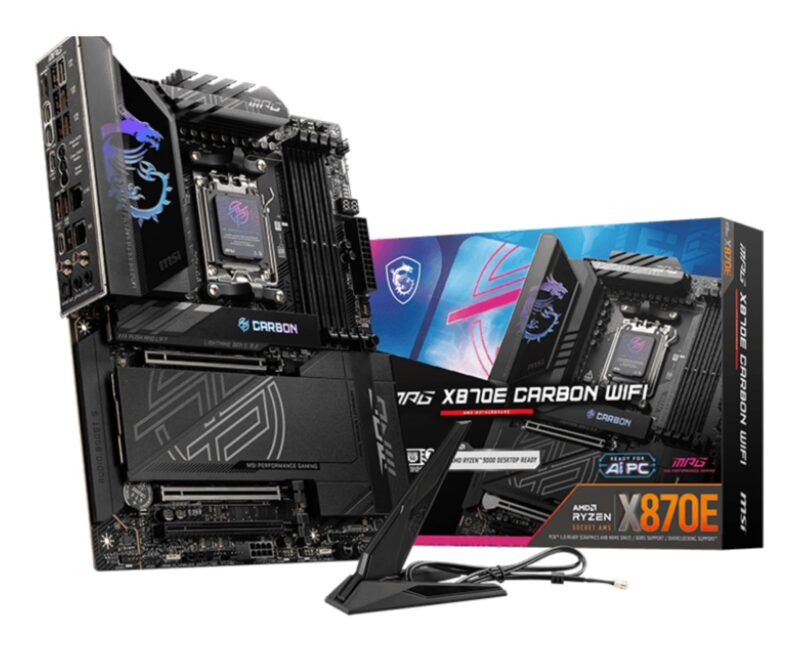 Mainboard|MSI|AMD X870E|SAM5|ATX|Memory DDR5|Memory slots 4|3xPCI-Express 16x|1xPCI-Express 4.0 4x |1xPCI-Express 5.0 4x|1xPCI-Express 5.0 16x|4xM.2|4xUSB 2.0|4xUSB 3.2|3xUSB-C|1xOptical S/PDIF|2xRJ45|2xAudio port|MPGX870ECARBONWIFI Mainboard|MSI|AMD X870E|SAM5|ATX|Memory DDR5|Memory slots 4|3xPCI-Express 16x|1xPCI-Express 4.0 4x |1xPCI-Express 5.0 4x|1xPCI-Express 5.0 16x|4xM.2|4xUSB 2.0|4xUSB 3.2|3xUSB-C|1xOptical S/PDIF|2xRJ45|2xAudio port|MPGX870ECARBONWIFI