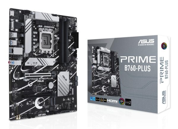 Mainboard|ASUS|Intel B760 Express|LGA1700|ATX|Memory DDR5|Memory slots 4|2xPCI-Express 3.0 1x|1xPCI-Express 4.0 16x|1xPCI-Express 5.0 16x|3xM.2|1x15pin D-sub|1xHDMI|1xDisplayPort|2xUSB 2.0|3xUSB 3.2|1xUSB-C|1xRJ45|3xAudio port|PRIMEB760-PLUS Mainboard|ASUS|Intel B760 Express|LGA1700|ATX|Memory DDR5|Memory slots 4|2xPCI-Express 3.0 1x|1xPCI-Express 4.0 16x|1xPCI-Express 5.0 16x|3xM.2|1x15pin D-sub|1xHDMI|1xDisplayPort|2xUSB 2.0|3xUSB 3.2|1xUSB-C|1xRJ45|3xAudio port|PRIMEB760-PLUS