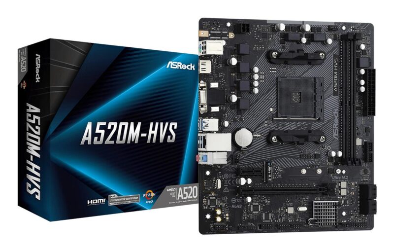 Mainboard|ASROCK|AMD A520|SAM4|Micro-ATX|Memory DDR4|Memory slots 2|1xPCI-Express 3.0 1x|1xPCI-Express 3.0 16x|1xM.2|1x15pin D-sub|1xHDMI|2xAudio-In|1xAudio-Out|2xUSB 2.0|4xUSB 3.2|1xPS/2|1xRJ45|A520M-HVS Mainboard|ASROCK|AMD A520|SAM4|Micro-ATX|Memory DDR4|Memory slots 2|1xPCI-Express 3.0 1x|1xPCI-Express 3.0 16x|1xM.2|1x15pin D-sub|1xHDMI|2xAudio-In|1xAudio-Out|2xUSB 2.0|4xUSB 3.2|1xPS/2|1xRJ45|A520M-HVS