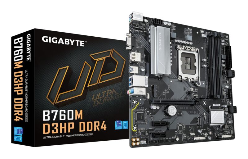 Mainboard|GIGABYTE|Intel B760 Express|LGA1700|Micro-ATX|Memory DDR4|Memory slots 4|2xPCI-Express 3.0 1x|1xPCI-Express 4.0 16x|2xM.2|1x15pin D-sub|1xHDMI|1xDisplayPort|6xUSB 2.0|5xUSB 3.2|1xUSB-C|1xPS/2|1xRJ45|3xAudio port|B760MD3HPDDR4 Mainboard|GIGABYTE|Intel B760 Express|LGA1700|Micro-ATX|Memory DDR4|Memory slots 4|2xPCI-Express 3.0 1x|1xPCI-Express 4.0 16x|2xM.2|1x15pin D-sub|1xHDMI|1xDisplayPort|6xUSB 2.0|5xUSB 3.2|1xUSB-C|1xPS/2|1xRJ45|3xAudio port|B760MD3HPDDR4