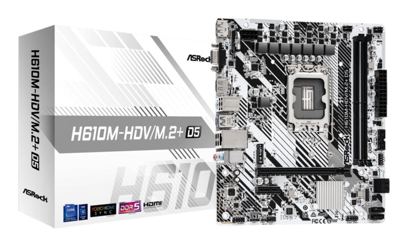 Mainboard|ASROCK|Intel H610|LGA1700|Micro-ATX|Memory DDR5|Memory slots 2|1xPCI-Express 3.0 1x|1xPCI-Express 4.0 16x|1xM.2|1x15pin D-sub|1xHDMI|1xDisplayPort|1xAudio-In|1xAudio-Out|1xMicrophone|4xUSB 2.0|1xUSB 3.2|1xUSB-C|1xPS/2|1xRJ45|H610M-HDV/M.2+D5 Mainboard|ASROCK|Intel H610|LGA1700|Micro-ATX|Memory DDR5|Memory slots 2|1xPCI-Express 3.0 1x|1xPCI-Express 4.0 16x|1xM.2|1x15pin D-sub|1xHDMI|1xDisplayPort|1xAudio-In|1xAudio-Out|1xMicrophone|4xUSB 2.0|1xUSB 3.2|1xUSB-C|1xPS/2|1xRJ45|H610M-HDV/M.2+D5