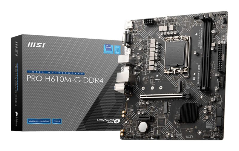 Mainboard|MSI|Intel H610|LGA1700|MicroATX|Memory DDR4|Memory slots 2|1xPCI-Express 3.0 1x|1xPCI-Express 4.0 16x|1xM.2|1x15pin D-sub|1xHDMI|1xDisplayPort|2xAudio-In|1xAudio-Out|4xUSB 2.0|2xUSB 3.2|1xPS/2|1xRJ45|PROH610M-GDDR4 Mainboard|MSI|Intel H610|LGA1700|MicroATX|Memory DDR4|Memory slots 2|1xPCI-Express 3.0 1x|1xPCI-Express 4.0 16x|1xM.2|1x15pin D-sub|1xHDMI|1xDisplayPort|2xAudio-In|1xAudio-Out|4xUSB 2.0|2xUSB 3.2|1xPS/2|1xRJ45|PROH610M-GDDR4