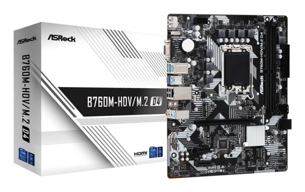 Mainboard|ASROCK|Intel B760 Express|LGA1700|Micro-ATX|Memory DDR4|Memory slots 2|2xPCI-Express 3.0 1x|1xPCI-Express 4.0 16x|2xM.2|1x15pin D-sub|1xHDMI|1xDisplayPort|2xUSB 2.0|3xUSB 3.2|1xUSB-C|1xPS/2|1xRJ45|3xAudio port|B760M-HDV/M.2D4 Mainboard|ASROCK|Intel B760 Express|LGA1700|Micro-ATX|Memory DDR4|Memory slots 2|2xPCI-Express 3.0 1x|1xPCI-Express 4.0 16x|2xM.2|1x15pin D-sub|1xHDMI|1xDisplayPort|2xUSB 2.0|3xUSB 3.2|1xUSB-C|1xPS/2|1xRJ45|3xAudio port|B760M-HDV/M.2D4