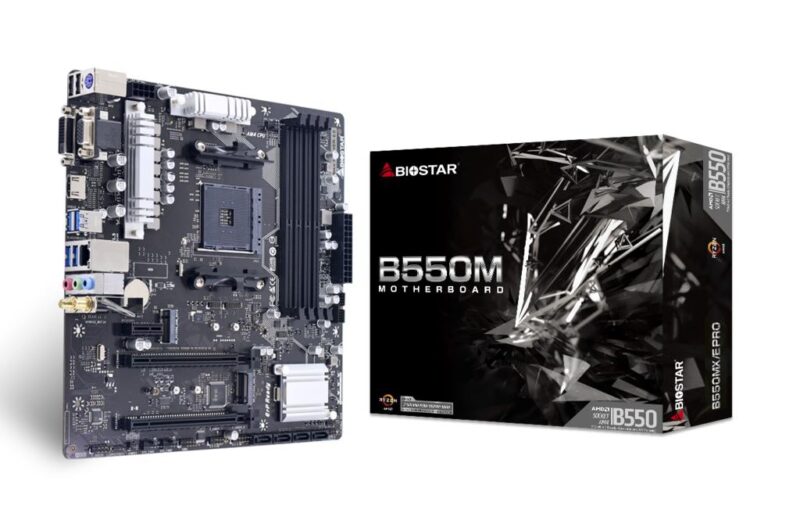 Mainboard|BIOSTAR|AMD B550|SAM4|MicroATX|Memory DDR4|Memory slots 4|1xPCI-Express 3.0 1x|1xPCI-Express 3.0 16x|1xPCI-Express 4.0 16x|2xM.2|1x15pin D-sub|1xDVI-D|1xHDMI|2xUSB 2.0|4xUSB 3.2|1xPS/2|1xRJ45|3xAudio port|B550MX/EPRO Mainboard|BIOSTAR|AMD B550|SAM4|MicroATX|Memory DDR4|Memory slots 4|1xPCI-Express 3.0 1x|1xPCI-Express 3.0 16x|1xPCI-Express 4.0 16x|2xM.2|1x15pin D-sub|1xDVI-D|1xHDMI|2xUSB 2.0|4xUSB 3.2|1xPS/2|1xRJ45|3xAudio port|B550MX/EPRO