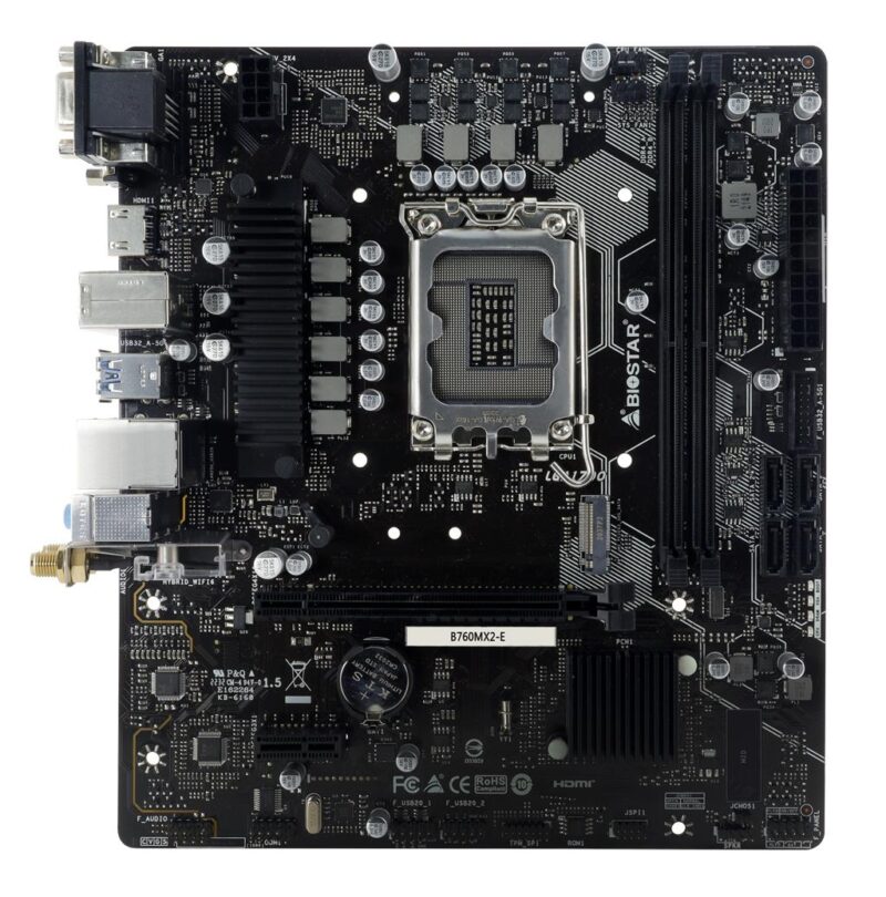 Mainboard|BIOSTAR|Intel B760 Express|LGA1700|Micro-ATX|Memory DDR5|Memory slots 2|1xPCI-Express 3.0 1x|1xPCI-Express 4.0 16x|2xM.2|1x15pin D-sub|1xDVI-D|1xHDMI|4xUSB 2.0|2xUSB 3.2|1xPS/2|1xRJ45|3xAudio port|B760MX2-E Mainboard|BIOSTAR|Intel B760 Express|LGA1700|Micro-ATX|Memory DDR5|Memory slots 2|1xPCI-Express 3.0 1x|1xPCI-Express 4.0 16x|2xM.2|1x15pin D-sub|1xDVI-D|1xHDMI|4xUSB 2.0|2xUSB 3.2|1xPS/2|1xRJ45|3xAudio port|B760MX2-E