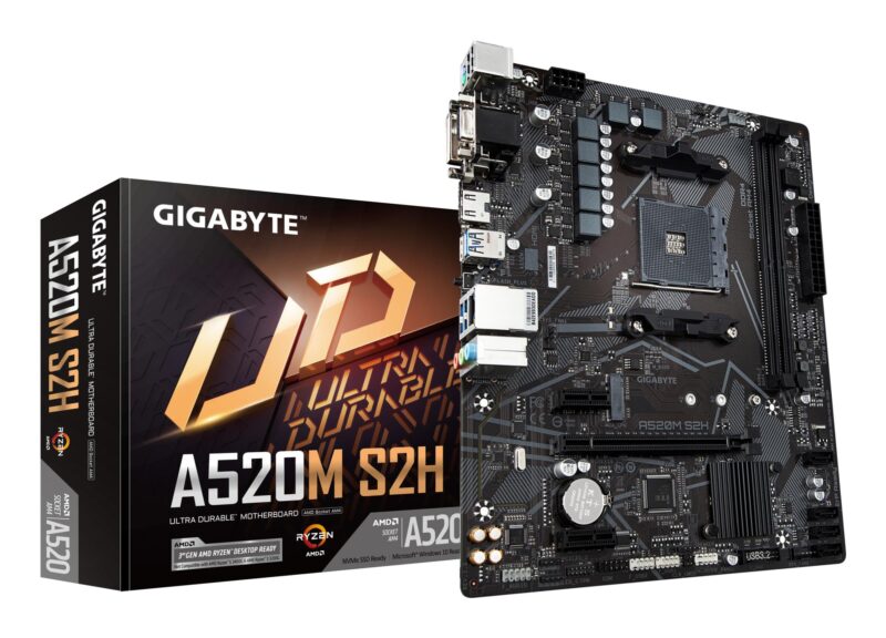 Mainboard|GIGABYTE|AMD A520|SAM4|Micro-ATX|Memory DDR4|Memory slots 2|2xPCI-Express 3.0 1x|1xPCI-Express 3.0 16x|1xM.2|1x15pin D-sub|1xDVI-D|1xHDMI|2xAV-In|1xAV-out|2xUSB 2.0|4xUSB 3.2|1xPS/2|1xRJ45|A520MS2H1.3 Mainboard|GIGABYTE|AMD A520|SAM4|Micro-ATX|Memory DDR4|Memory slots 2|2xPCI-Express 3.0 1x|1xPCI-Express 3.0 16x|1xM.2|1x15pin D-sub|1xDVI-D|1xHDMI|2xAV-In|1xAV-out|2xUSB 2.0|4xUSB 3.2|1xPS/2|1xRJ45|A520MS2H1.3