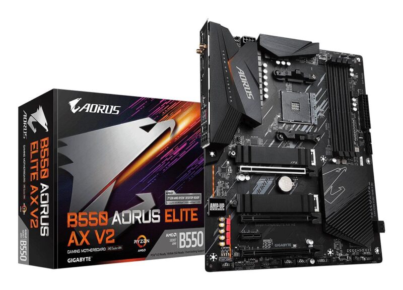 Mainboard|GIGABYTE|AMD B550|SAM4|ATX|Memory DDR4|Memory slots 4|2xPCI-Express 3.0 1x|1xPCI-Express 3.0 2x|1xPCI-Express 4.0 16x|2xM.2|1xHDMI|1xDisplayPort|2xAudio-In|3xAudio-Out|2xUSB 2.0|5xUSB 3.2|1xOptical S/PDIF|1xRJ45|2xRF-Out|B550AORUSELITEAXV2 Mainboard|GIGABYTE|AMD B550|SAM4|ATX|Memory DDR4|Memory slots 4|2xPCI-Express 3.0 1x|1xPCI-Express 3.0 2x|1xPCI-Express 4.0 16x|2xM.2|1xHDMI|1xDisplayPort|2xAudio-In|3xAudio-Out|2xUSB 2.0|5xUSB 3.2|1xOptical S/PDIF|1xRJ45|2xRF-Out|B550AORUSELITEAXV2