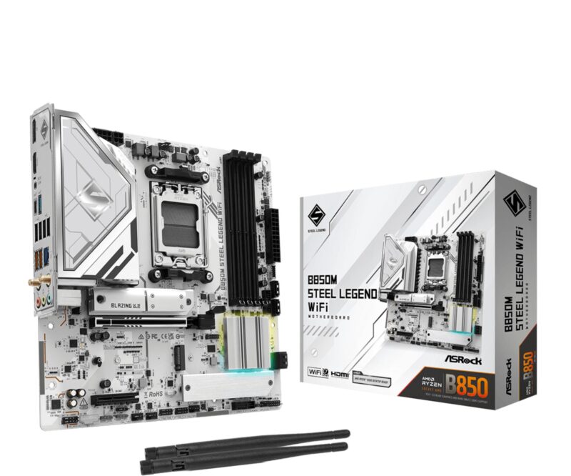 Mainboard|ASROCK|AMD B850|SAM5|Micro-ATX|Memory DDR5|Memory slots 4|4xPCI-Express 4.0 4x |1xPCI-Express 5.0 16x|1xM.2|1xHDMI|1xDisplayPort|1xAudio-In|1xAudio-Out|1xMicrophone|4xUSB 2.0|3xUSB 3.2|1xUSB-C|1xRJ45|B850MSTEELLEGENDWIFI Mainboard|ASROCK|AMD B850|SAM5|Micro-ATX|Memory DDR5|Memory slots 4|4xPCI-Express 4.0 4x |1xPCI-Express 5.0 16x|1xM.2|1xHDMI|1xDisplayPort|1xAudio-In|1xAudio-Out|1xMicrophone|4xUSB 2.0|3xUSB 3.2|1xUSB-C|1xRJ45|B850MSTEELLEGENDWIFI