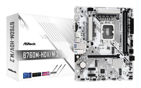 Mainboard|ASROCK|Intel B760 Express|LGA1700|Micro-ATX|Memory DDR5|Memory slots 2|2xPCI-Express 3.0 1x|1xPCI-Express 4.0 16x|1xM.2|1x15pin D-sub|1xHDMI|1xDisplayPort|1xAV-In|1xAV-out|1xMicrophone|2xUSB 2.0|3xUSB 3.2|1xUSB-C|1xRJ45|B760M-HDV/M.2 Mainboard|ASROCK|Intel B760 Express|LGA1700|Micro-ATX|Memory DDR5|Memory slots 2|2xPCI-Express 3.0 1x|1xPCI-Express 4.0 16x|1xM.2|1x15pin D-sub|1xHDMI|1xDisplayPort|1xAV-In|1xAV-out|1xMicrophone|2xUSB 2.0|3xUSB 3.2|1xUSB-C|1xRJ45|B760M-HDV/M.2
