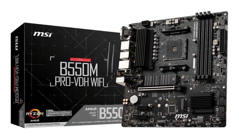 Mainboard|MSI|AMD B550|SAM4|MicroATX|2xPCI-Express 3.0 1x|2xM.2|1xPCI-Express 4.0 16x|Memory DDR4|Memory slots 4|1x15pin D-sub|1xHDMI|1xDisplayPort|2xUSB 2.0|4xUSB 3.2|1xPS/2|1xRJ45|3xAudio port|B550MPRO-VDHWIFI