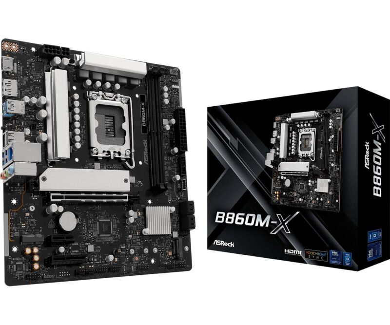 Mainboard|ASROCK|Intel B860 Express|LGA1851|Micro-ATX|Memory DDR5|Memory slots 2|1xPCI-Express 4.0 1x|1xPCI-Express 4.0 4x |1xPCI-Express 4.0 16x|1xM.2|1xHDMI|1xDisplayPort|1xAudio-In|1xAudio-Out|1xMicrophone|2xUSB 2.0|3xUSB 3.2|1xUSB-C|1xRJ45|B860M-X Mainboard|ASROCK|Intel B860 Express|LGA1851|Micro-ATX|Memory DDR5|Memory slots 2|1xPCI-Express 4.0 1x|1xPCI-Express 4.0 4x |1xPCI-Express 4.0 16x|1xM.2|1xHDMI|1xDisplayPort|1xAudio-In|1xAudio-Out|1xMicrophone|2xUSB 2.0|3xUSB 3.2|1xUSB-C|1xRJ45|B860M-X