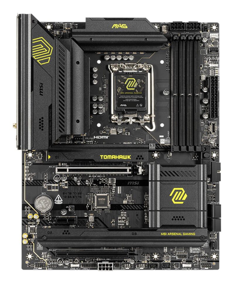 Mainboard|MSI|Intel B860 Express|LGA1851|ATX|Memory DDR5|Memory slots 4|1xPCI-Express 4.0 1x|1xPCI-Express 4.0 4x |1xPCI-Express 5.0 16x|3xM.2|1xHDMI|1xDisplayPort|8xUSB 2.0|6xUSB 3.2|3xUSB-C|1xOptical S/PDIF|1xRJ45|3xAudio port|1xThunderbolt|MAGB860TOMAHAWKWIFI Mainboard|MSI|Intel B860 Express|LGA1851|ATX|Memory DDR5|Memory slots 4|1xPCI-Express 4.0 1x|1xPCI-Express 4.0 4x |1xPCI-Express 5.0 16x|3xM.2|1xHDMI|1xDisplayPort|8xUSB 2.0|6xUSB 3.2|3xUSB-C|1xOptical S/PDIF|1xRJ45|3xAudio port|1xThunderbolt|MAGB860TOMAHAWKWIFI
