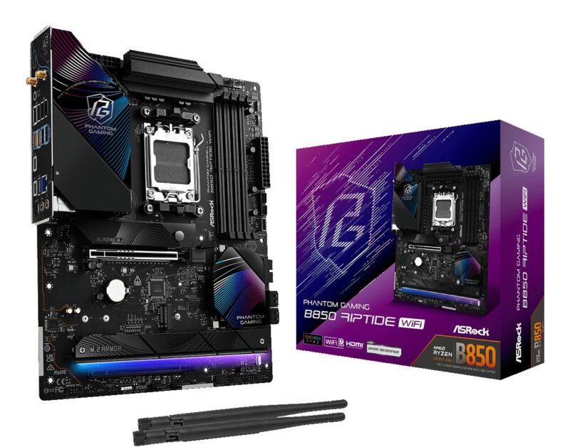 Mainboard|ASROCK|AMD B850|SAM5|ATX|Memory DDR5|Memory slots 4|1xPCI-Express 4.0 16x|1xPCI-Express 5.0 16x|1xM.2|1xHDMI|1xAudio-In|1xAudio-Out|8xUSB 2.0|9xUSB 3.2|3xUSB-C|1xOptical S/PDIF|1xRJ45|B850RIPTIDEWIFI