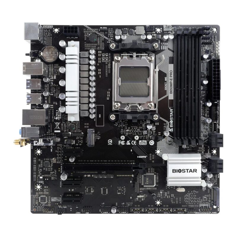 Mainboard|BIOSTAR|AMD B650|SAM5|Micro-ATX|Memory DDR5|Memory slots 4|3xPCI-Express 4.0 1x|1xPCI-Express 4.0 16x|1xM.2|1xHDMI|1xDisplayPort|2xUSB 2.0|5xUSB 3.2|1xUSB-C|1xPS/2|1xRJ45|3xAudio port|2xWiFi antenna port|B650MP-EPRO Mainboard|BIOSTAR|AMD B650|SAM5|Micro-ATX|Memory DDR5|Memory slots 4|3xPCI-Express 4.0 1x|1xPCI-Express 4.0 16x|1xM.2|1xHDMI|1xDisplayPort|2xUSB 2.0|5xUSB 3.2|1xUSB-C|1xPS/2|1xRJ45|3xAudio port|2xWiFi antenna port|B650MP-EPRO