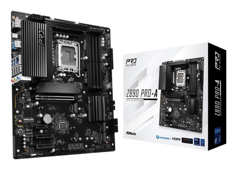 Mainboard|ASROCK|Intel Z890|LGA1851|ATX|Memory DDR5|Memory slots 4|1xPCI-Express 4.0 1x|2xPCI-Express 4.0 4x |1xPCI-Express 5.0 16x|1xM.2|1xHDMI|1xDisplayPort|4xUSB 2.0|2xUSB 3.2 type B|1xUSB 3.2|1xUSB-C|1xUSB-C w/Thunderbolt|1xRJ45|3xAudio port|Z890PRO-A Mainboard|ASROCK|Intel Z890|LGA1851|ATX|Memory DDR5|Memory slots 4|1xPCI-Express 4.0 1x|2xPCI-Express 4.0 4x |1xPCI-Express 5.0 16x|1xM.2|1xHDMI|1xDisplayPort|4xUSB 2.0|2xUSB 3.2 type B|1xUSB 3.2|1xUSB-C|1xUSB-C w/Thunderbolt|1xRJ45|3xAudio port|Z890PRO-A