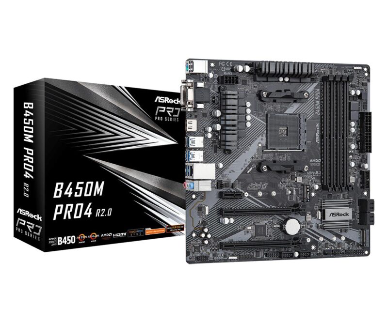 Mainboard|ASROCK|AMD B450|SAM4|Micro-ATX|Memory DDR4|Memory slots 4|1xPCI-Express 2.0 1x|1xPCI-Express 2.0 16x|1xPCI-Express 3.0 16x|2xM.2|1x15pin D-sub|1xDVI-D|1xHDMI|2xAudio-In|1xAudio-Out|2xUSB 2.0|5xUSB 3.2|1xUSB-C|1xPS/2|1xRJ45|B450MPRO4R2.0 Mainboard|ASROCK|AMD B450|SAM4|Micro-ATX|Memory DDR4|Memory slots 4|1xPCI-Express 2.0 1x|1xPCI-Express 2.0 16x|1xPCI-Express 3.0 16x|2xM.2|1x15pin D-sub|1xDVI-D|1xHDMI|2xAudio-In|1xAudio-Out|2xUSB 2.0|5xUSB 3.2|1xUSB-C|1xPS/2|1xRJ45|B450MPRO4R2.0