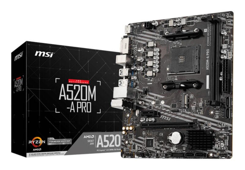 Mainboard|MSI|AMD A520|SAM4|MicroATX|1xPCI-Express 3.0 1x|1xPCI-Express 3.0 16x|1xM.2|Memory DDR4|Memory slots 2|1xDVI|1xHDMI|2xAudio-Out|2xUSB 2.0|4xUSB 3.2|1xRJ45|A520M-APRO Mainboard|MSI|AMD A520|SAM4|MicroATX|1xPCI-Express 3.0 1x|1xPCI-Express 3.0 16x|1xM.2|Memory DDR4|Memory slots 2|1xDVI|1xHDMI|2xAudio-Out|2xUSB 2.0|4xUSB 3.2|1xRJ45|A520M-APRO