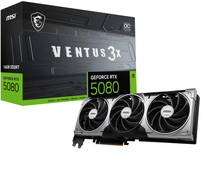 Graphics Card|MSI|NVIDIA GeForce RTX 5080|16 GB|GDDR7|256 bit|PCIE 5.0 16x|Dual Slot Fansink|1xHDMI|3xDisplayPort|RTX508016GVENTUS3XOC Graphics Card|MSI|NVIDIA GeForce RTX 5080|16 GB|GDDR7|256 bit|PCIE 5.0 16x|Dual Slot Fansink|1xHDMI|3xDisplayPort|RTX508016GVENTUS3XOC