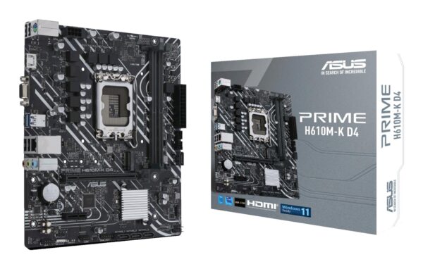 Mainboard|ASUS|Intel H610|LGA1700|MicroATX|Memory DDR4|Memory slots 2|1xPCI-Express 3.0 1x|1xPCI-Express 4.0 16x|1xM.2|1x15pin D-sub|1xHDMI|2xAudio-In|1xAudio-Out|4xUSB 2.0|2xUSB 3.2|1xPS/2|1xRJ45|PRIMEH610M-KD4 Mainboard|ASUS|Intel H610|LGA1700|MicroATX|Memory DDR4|Memory slots 2|1xPCI-Express 3.0 1x|1xPCI-Express 4.0 16x|1xM.2|1x15pin D-sub|1xHDMI|2xAudio-In|1xAudio-Out|4xUSB 2.0|2xUSB 3.2|1xPS/2|1xRJ45|PRIMEH610M-KD4